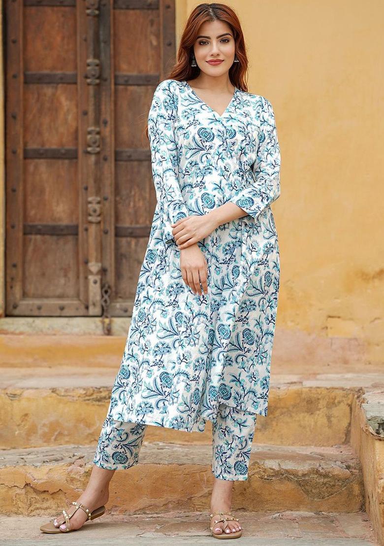 Blue Printed Cotton Kurta Set - Indya