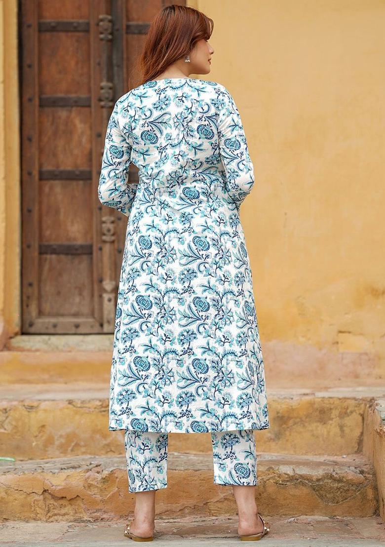 Blue Printed Cotton Kurta Set - Indya