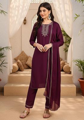 Burgundy Yoke Design Silk Kurta Set