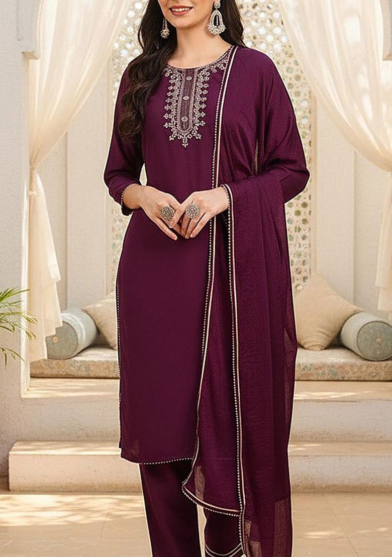 Burgundy Yoke Design Silk Kurta Set - Indya