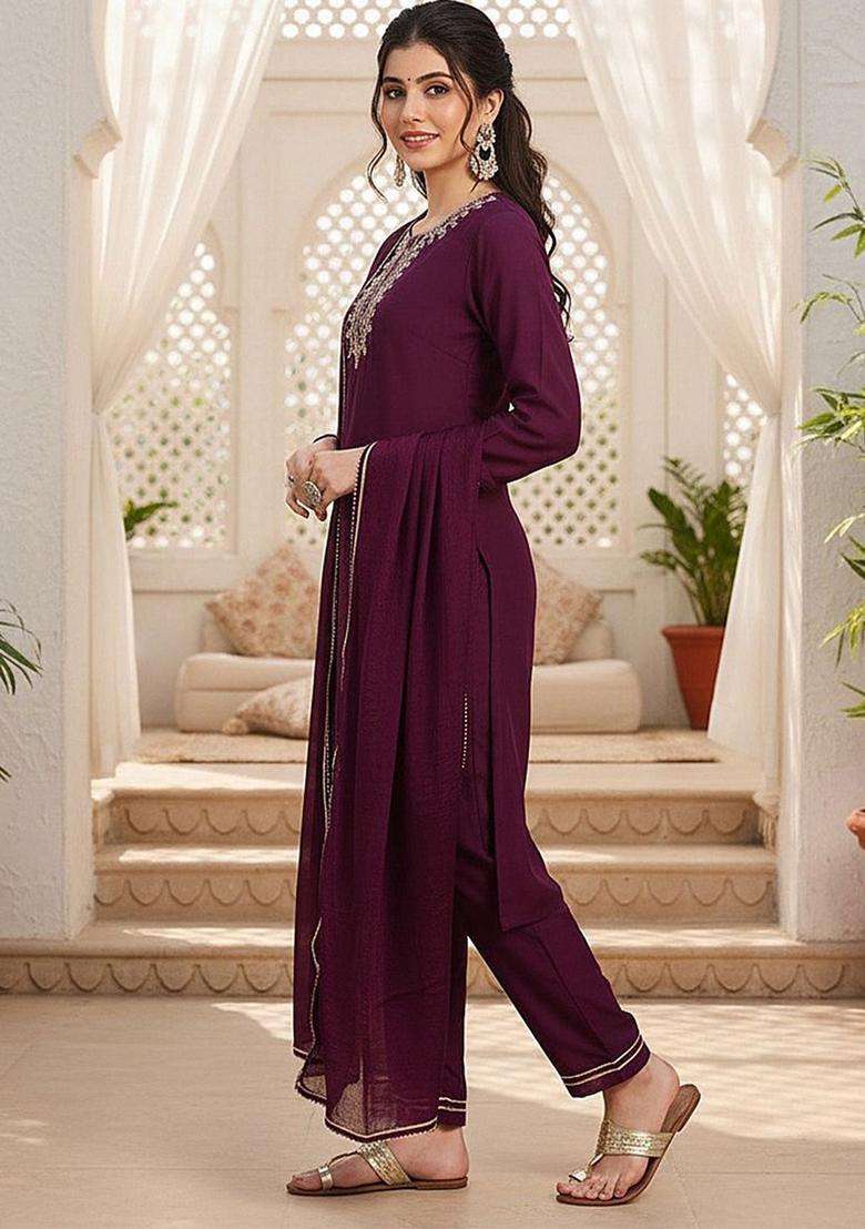 Burgundy Yoke Design Silk Kurta Set - Indya