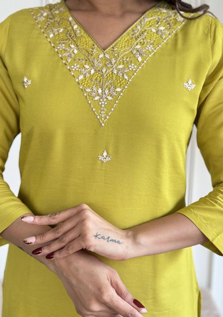 Yellow Embroidered Viscose Kurta Set - Indya