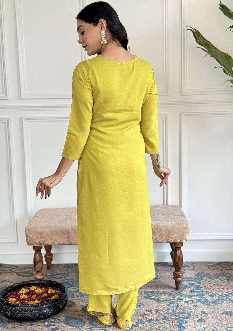 Yellow Embroidered Viscose Kurta Set - Indya