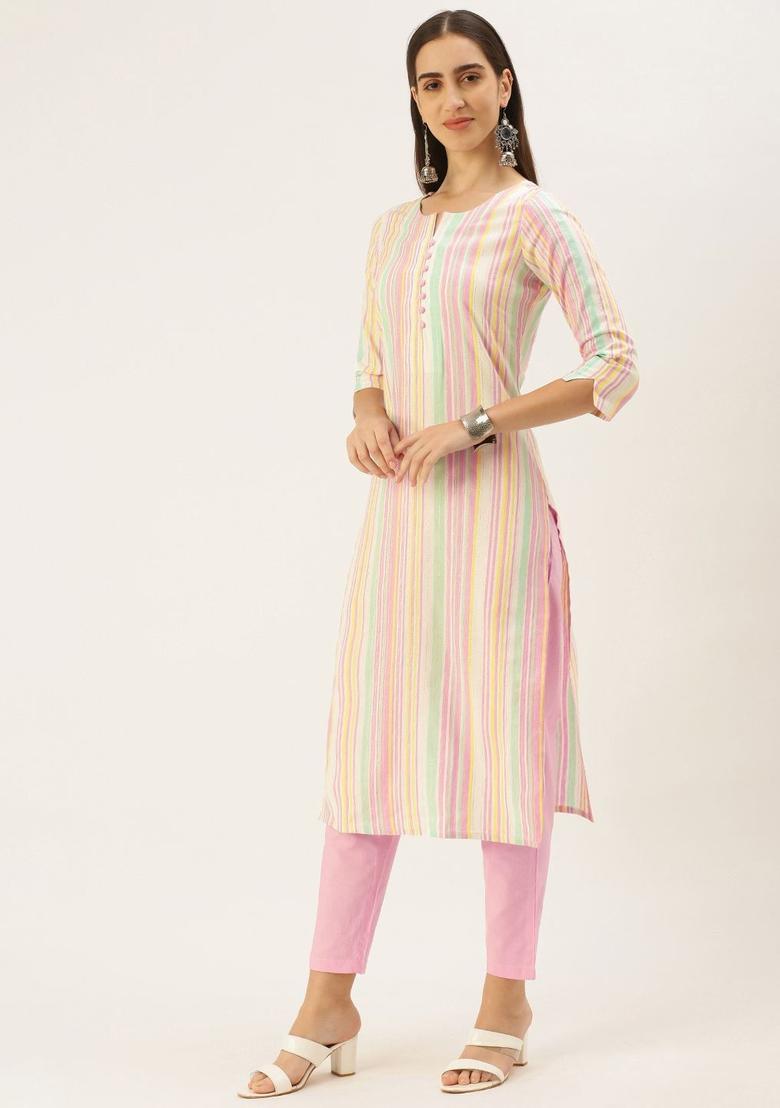 Pink Woven Design Cotton Kurta Set - Indya