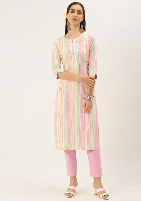 Pink Woven Design Cotton Kurta Set