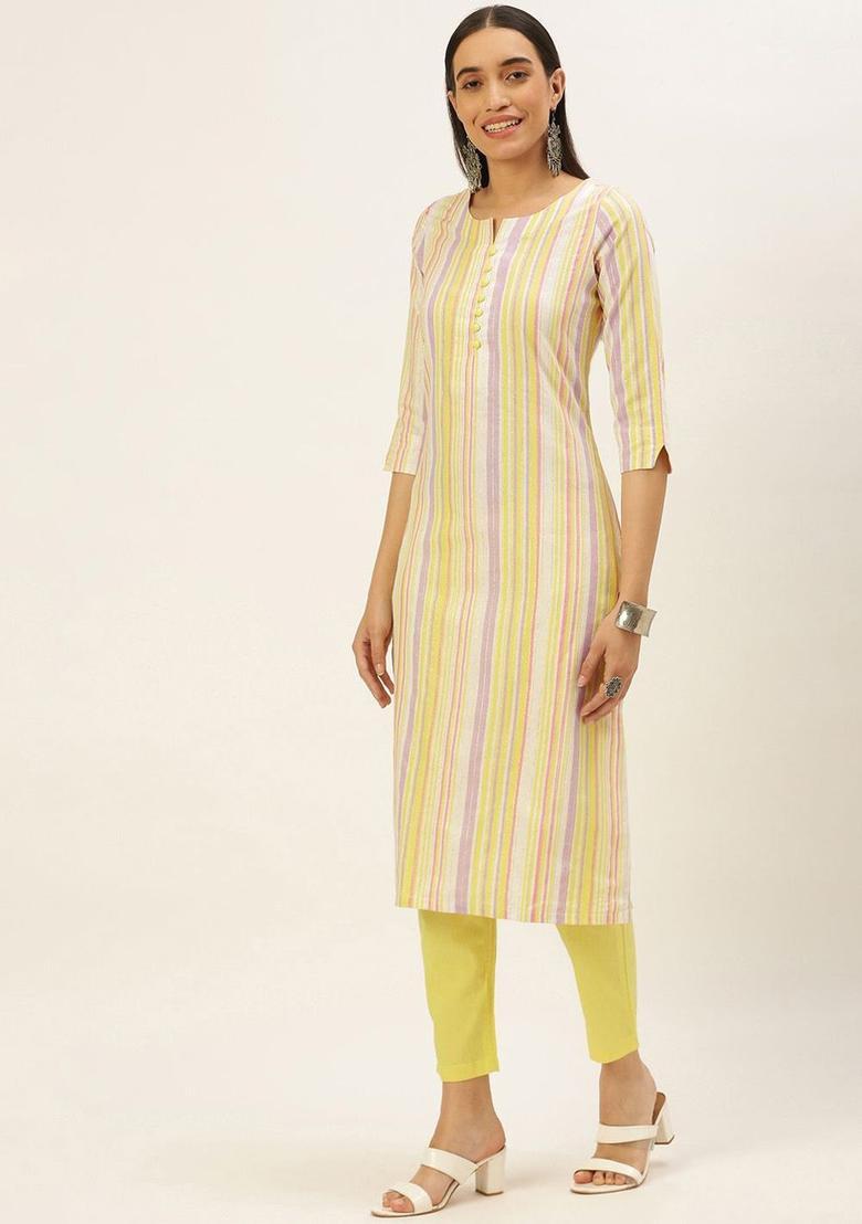Yellow Woven Design Cotton Kurta Set - Indya
