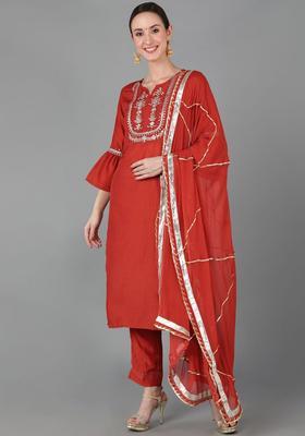Rust Embroidered Polyester Kurta Set
