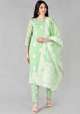Green Woven Design Chanderi Kurta Set
