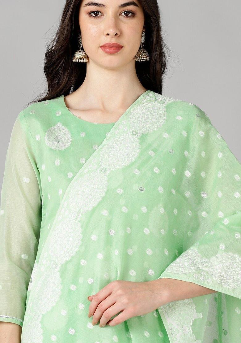 Green Woven Design Chanderi Kurta Set - Indya