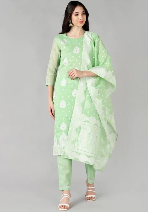 Green Woven Design Chanderi Kurta Set — view on Indya