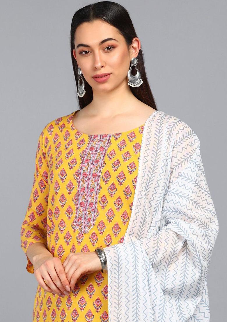 Mustard Printed Polyester Kurta Set - Indya