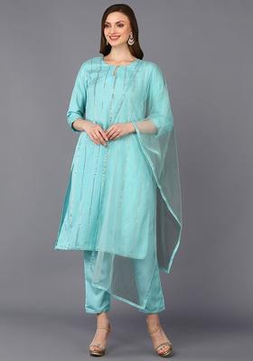 Turquoise Blue Embroidered Silk Blend Kurta Set
