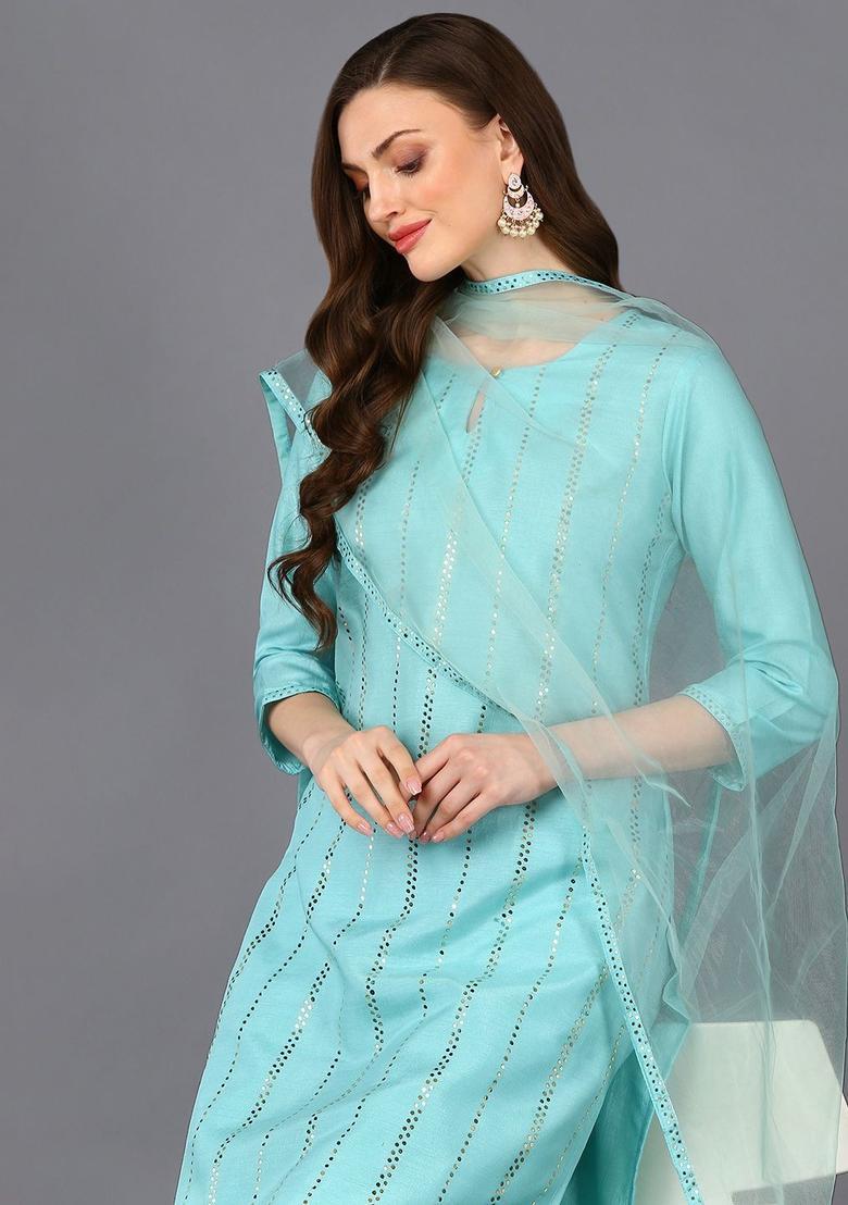 Turquoise Blue Embroidered Silk Kurta Set - Indya