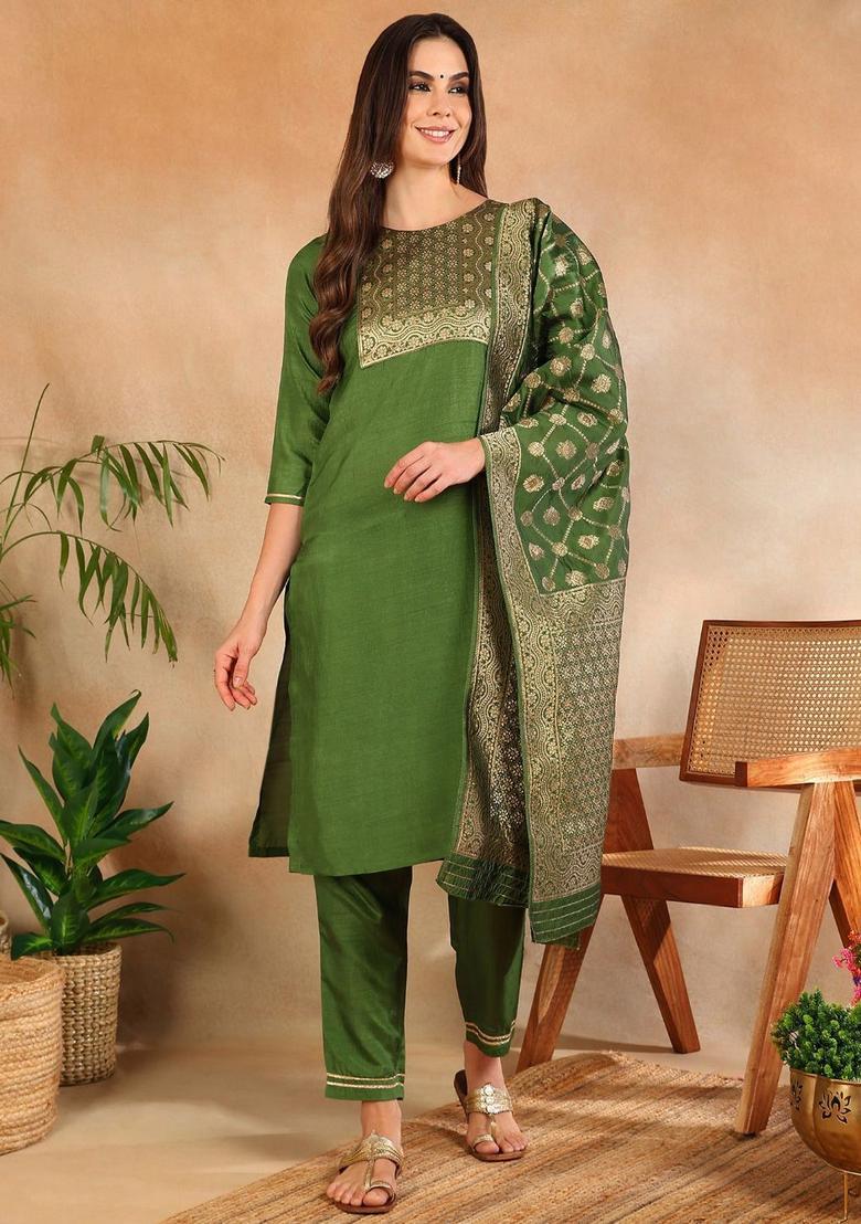 Green Woven Design Silk Kurta Set - Indya