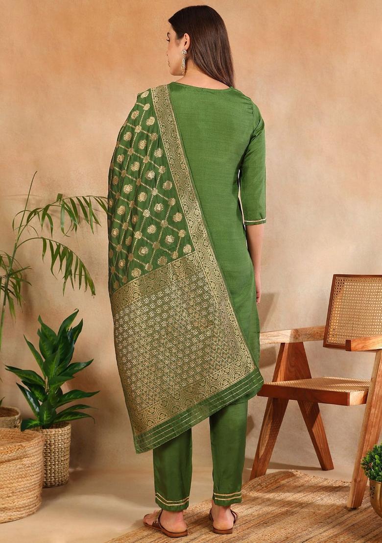 Green Woven Design Silk Kurta Set - Indya