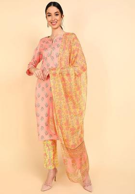 Peach Printed Polyester Kurta Set