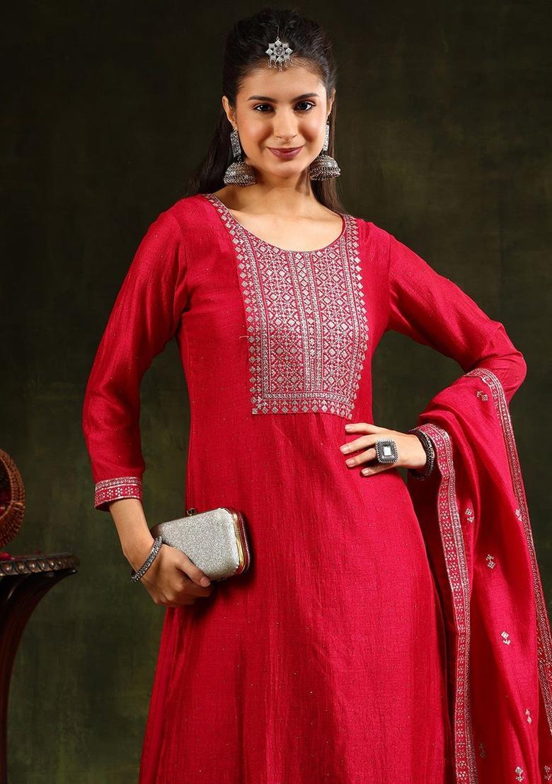 Pink Embroidered Silk Kurta Set - Indya