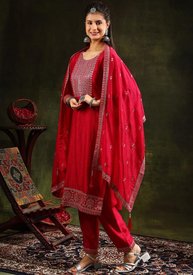Pink Embroidered Silk Kurta Set - Indya