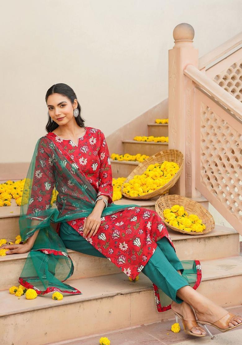 Red Printed Viscose Kurta Set - Indya