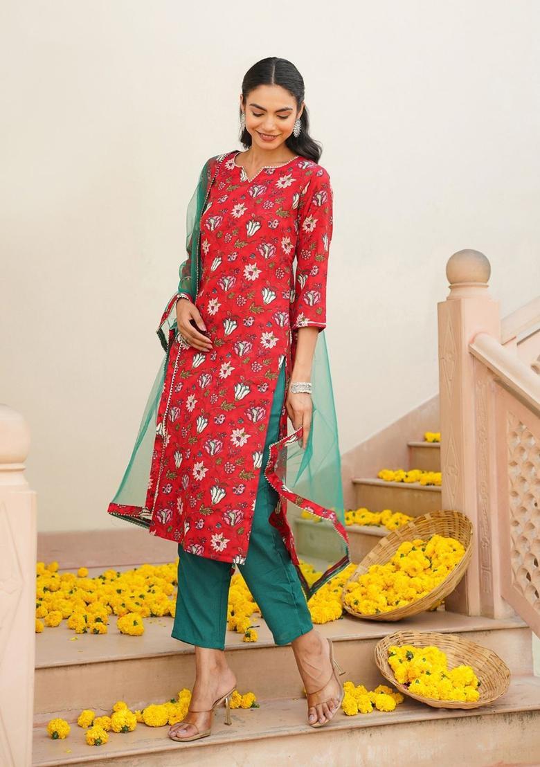 Red Printed Viscose Kurta Set - Indya