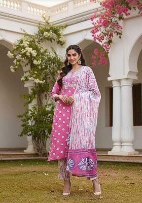 Pink Printed Cotton Kurta Set
