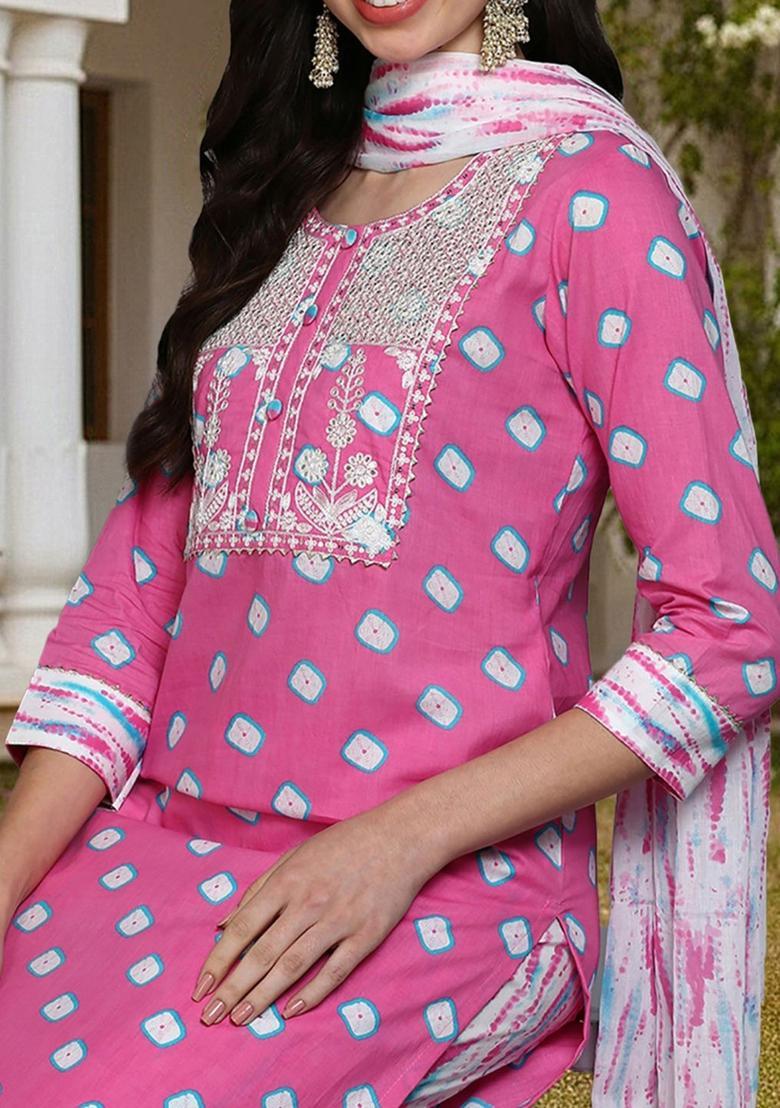 Pink Printed Cotton Kurta Set - Indya