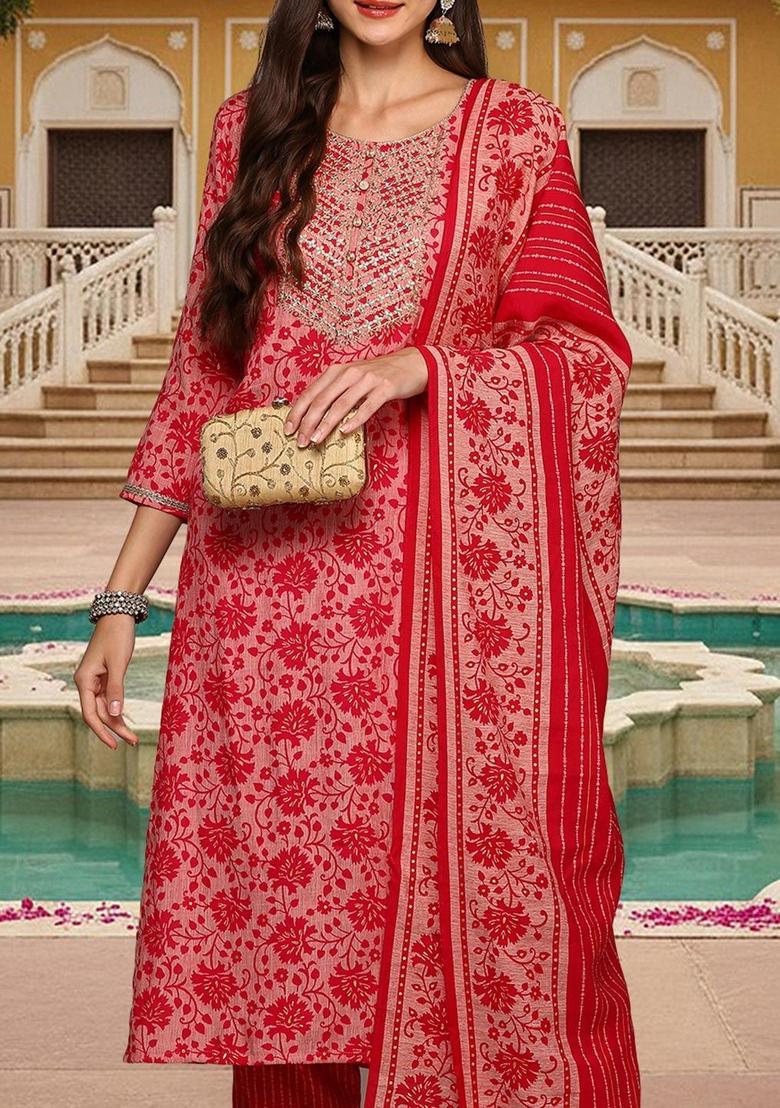 Pink Embroidered Silk Kurta Set - Indya