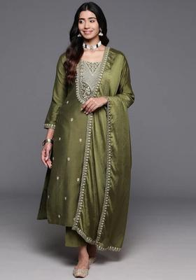 Olive Embroidered Silk Kurta Set
