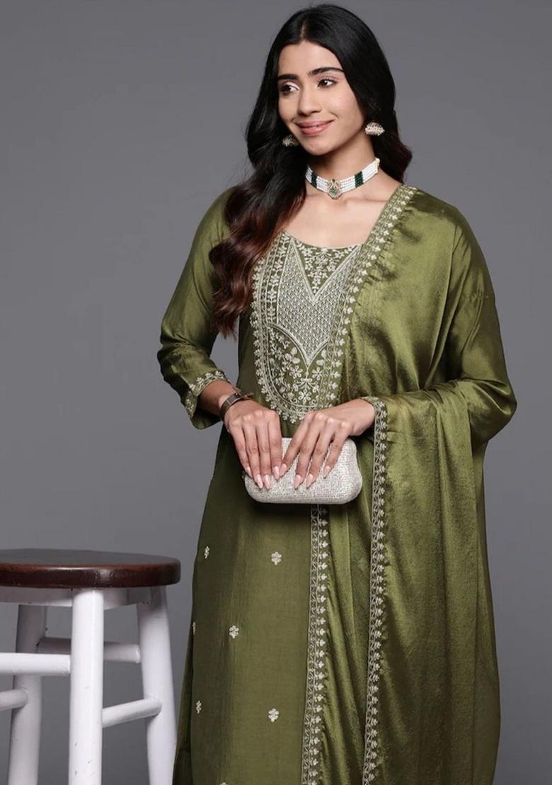 Olive Embroidered Silk Kurta Set - Indya