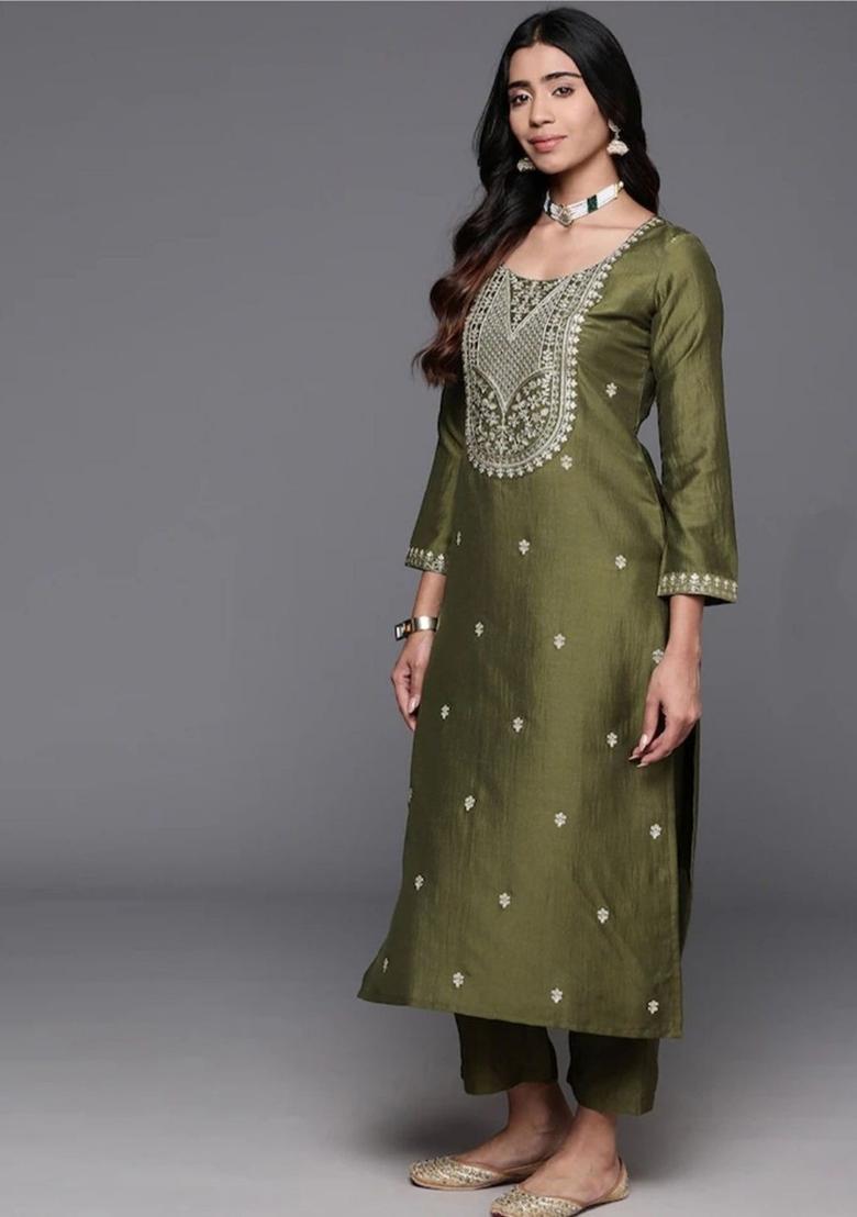 Olive Embroidered Silk Kurta Set - Indya