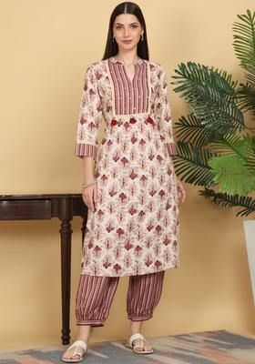 Beige Printed Viscose Kurta Set