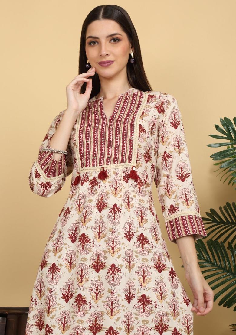 Beige Printed Viscose Kurta Set - Indya