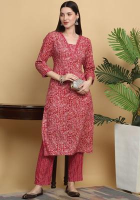 Red Printed Viscose Kurta Set