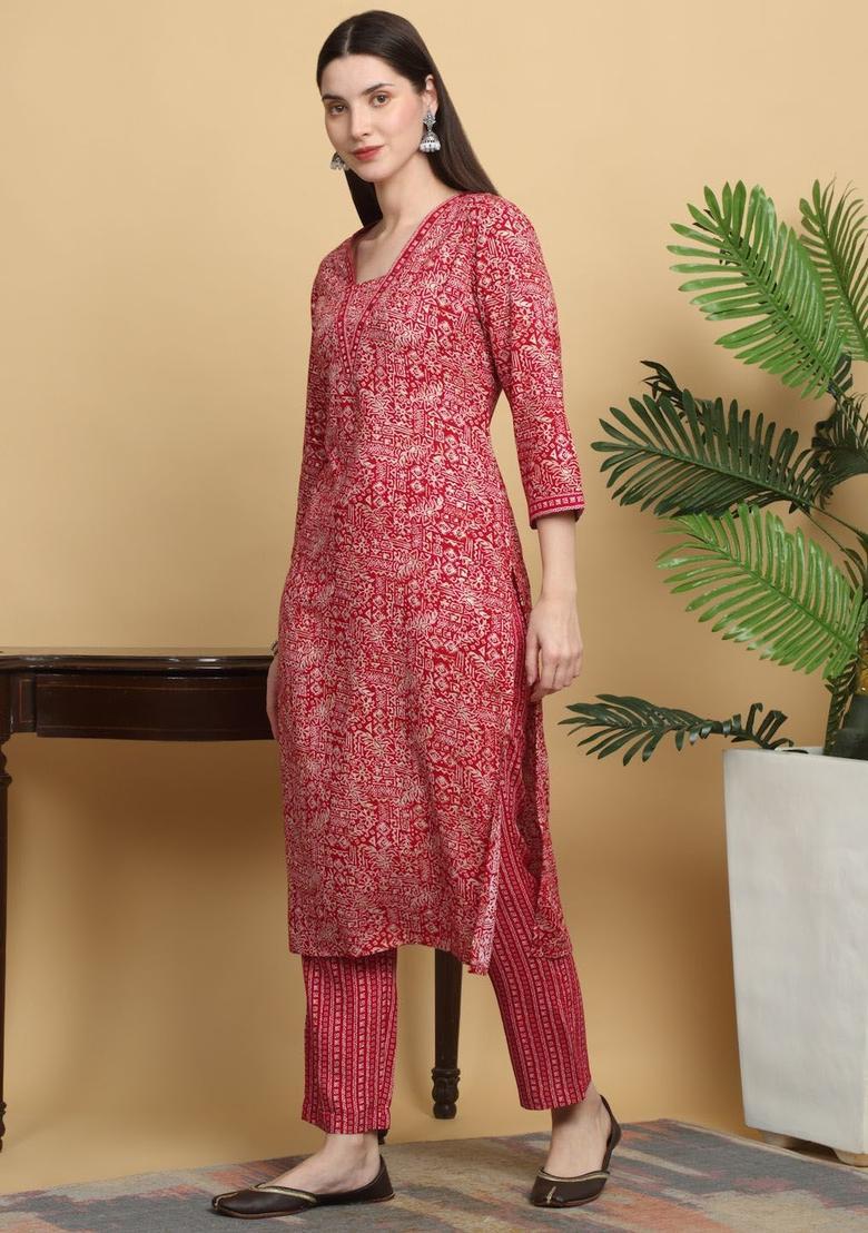 Red Printed Viscose Kurta Set - Indya