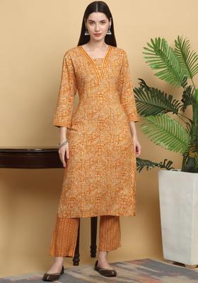 Mustard Printed Viscose Kurta Set