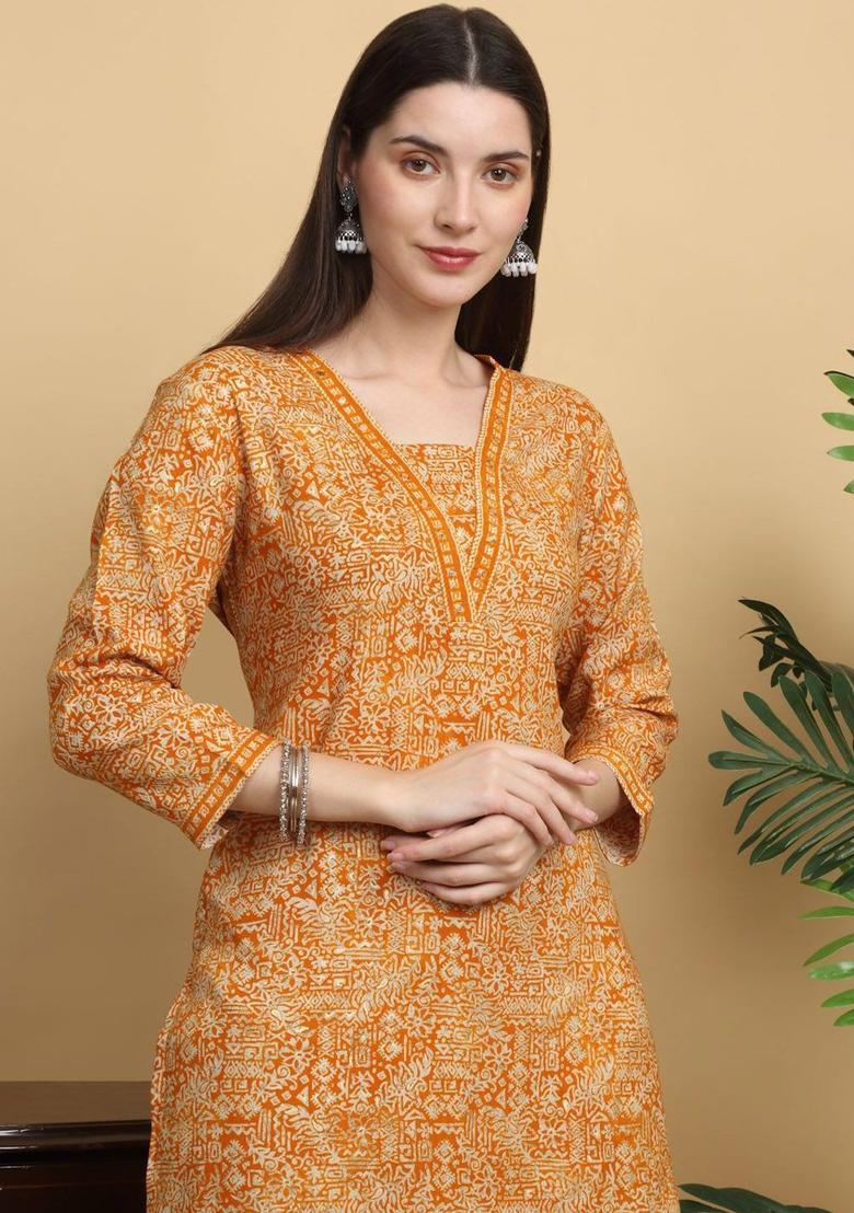 Mustard Printed Viscose Kurta Set - Indya