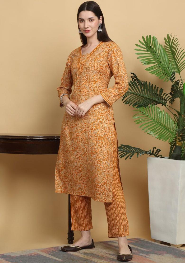 Mustard Printed Viscose Kurta Set - Indya