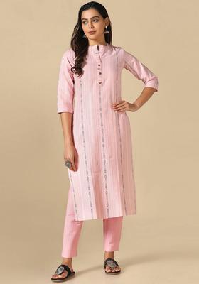 Pink Striped Cotton Kurta Set