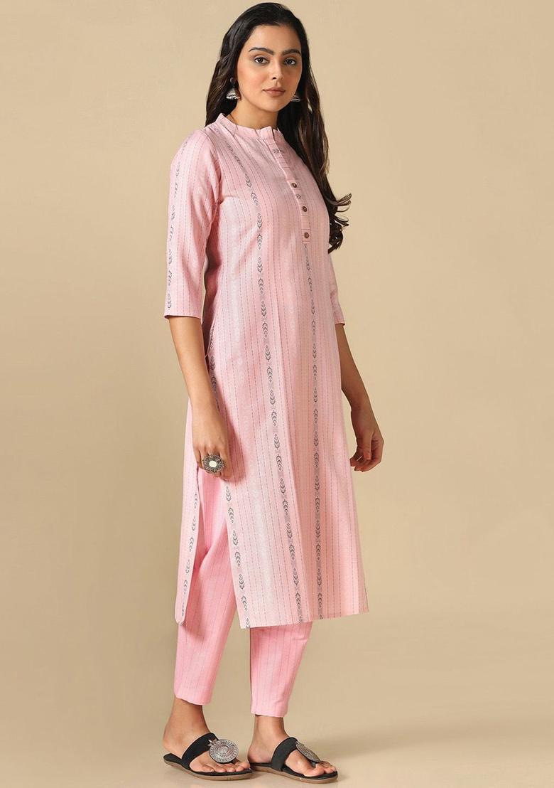 Pink Striped Cotton Kurta Set - Indya