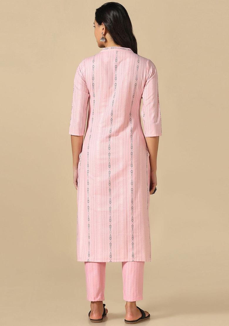 Pink Striped Cotton Kurta Set - Indya