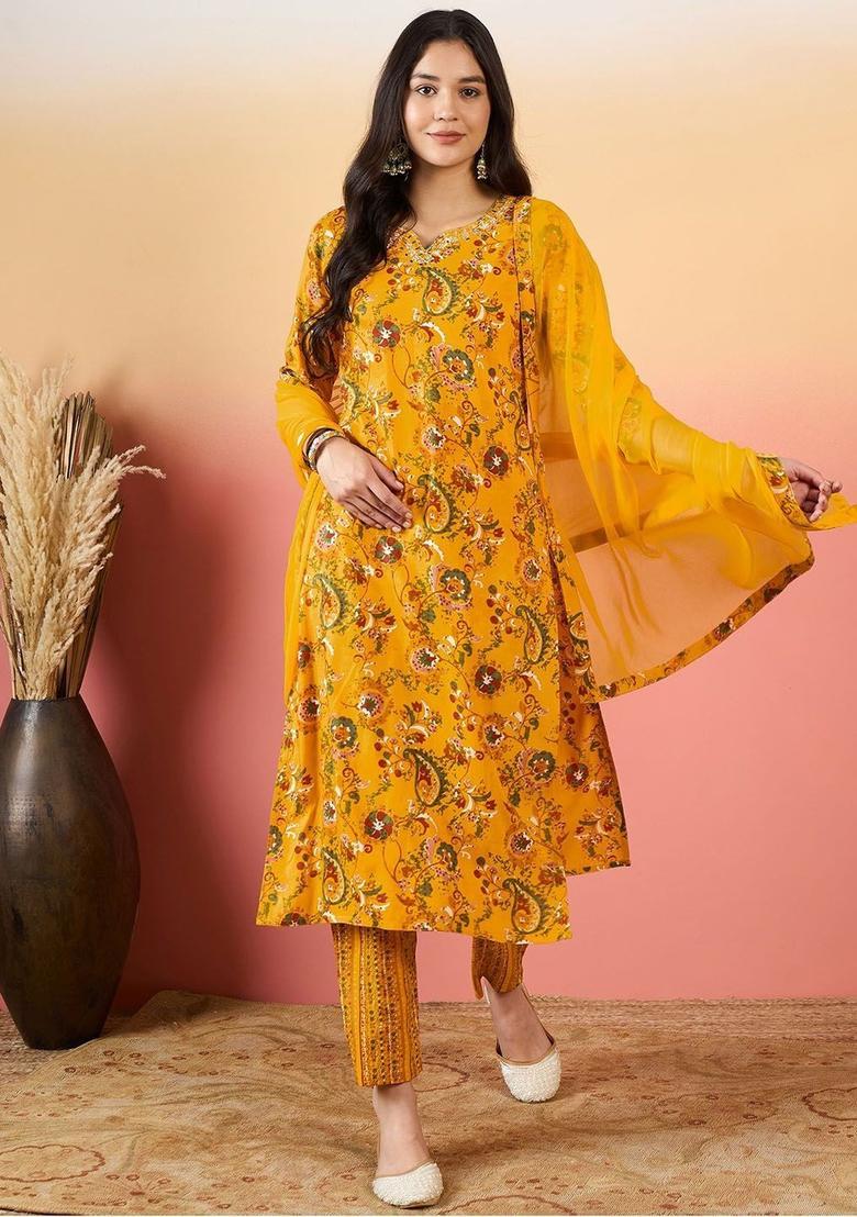 Mustard Printed Viscose Kurta Set - Indya
