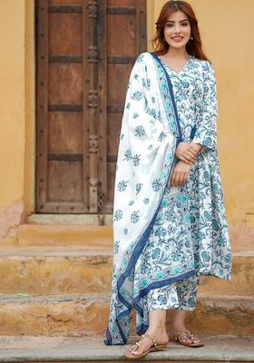 Blue Printed Cotton Anarkali Set