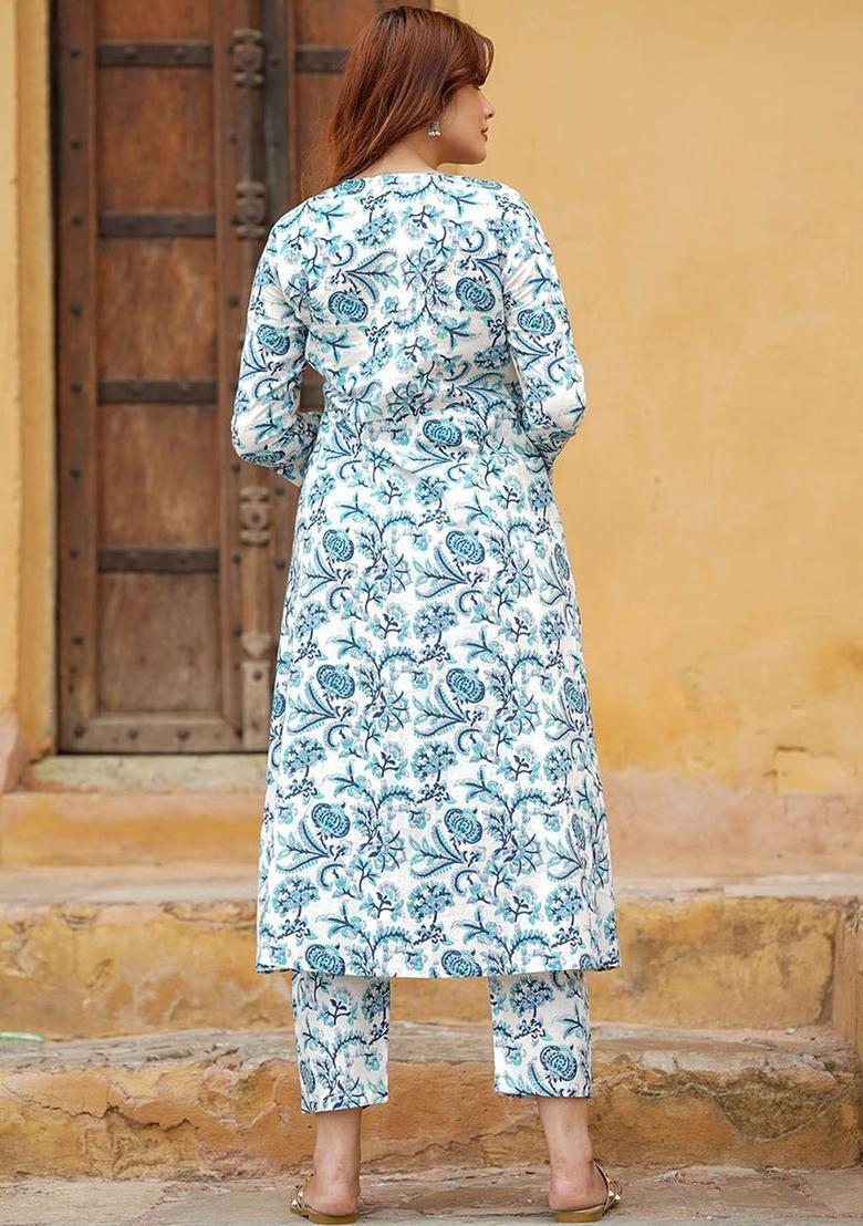 Blue Printed Cotton Anarkali Set - Indya