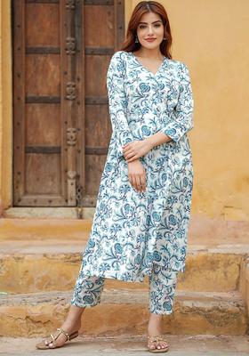 Blue Printed Cotton Kurta Set