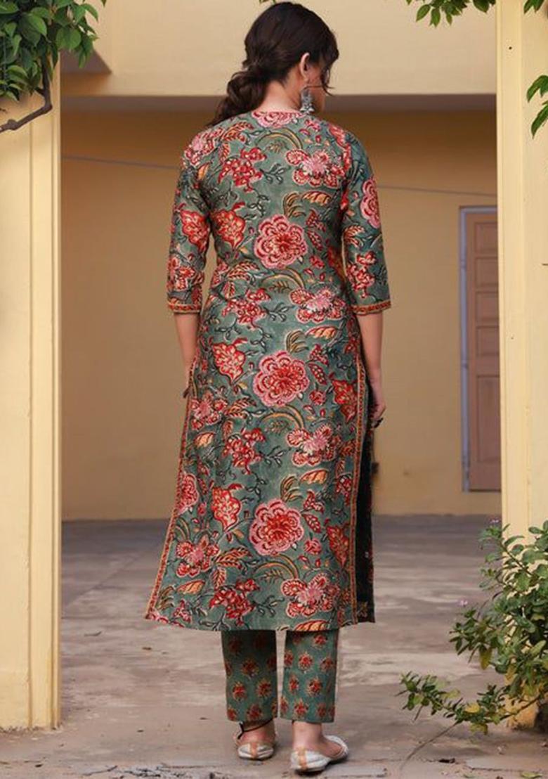 Olive Printed Cotton Kurta Set - Indya