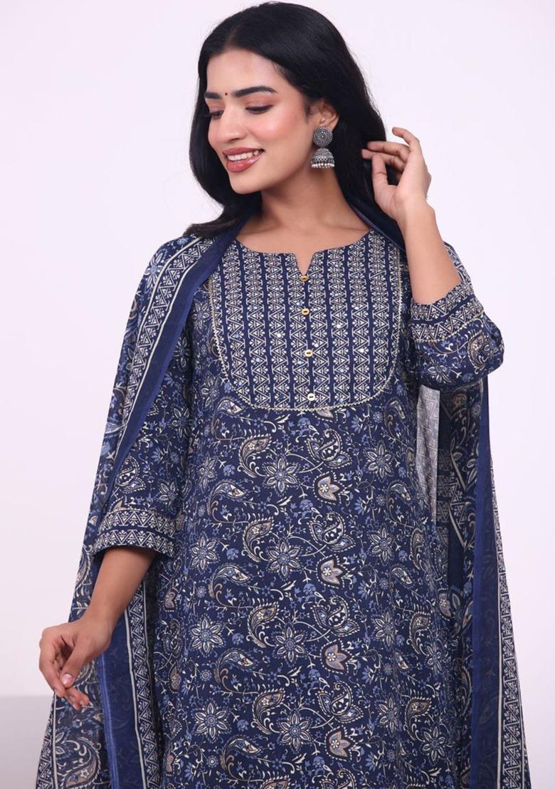 Blue Printed Viscose Kurta Set - Indya
