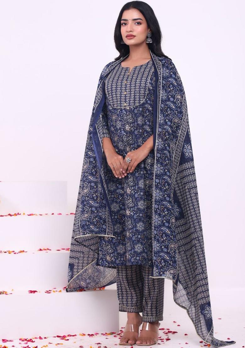 Blue Printed Viscose Kurta Set - Indya