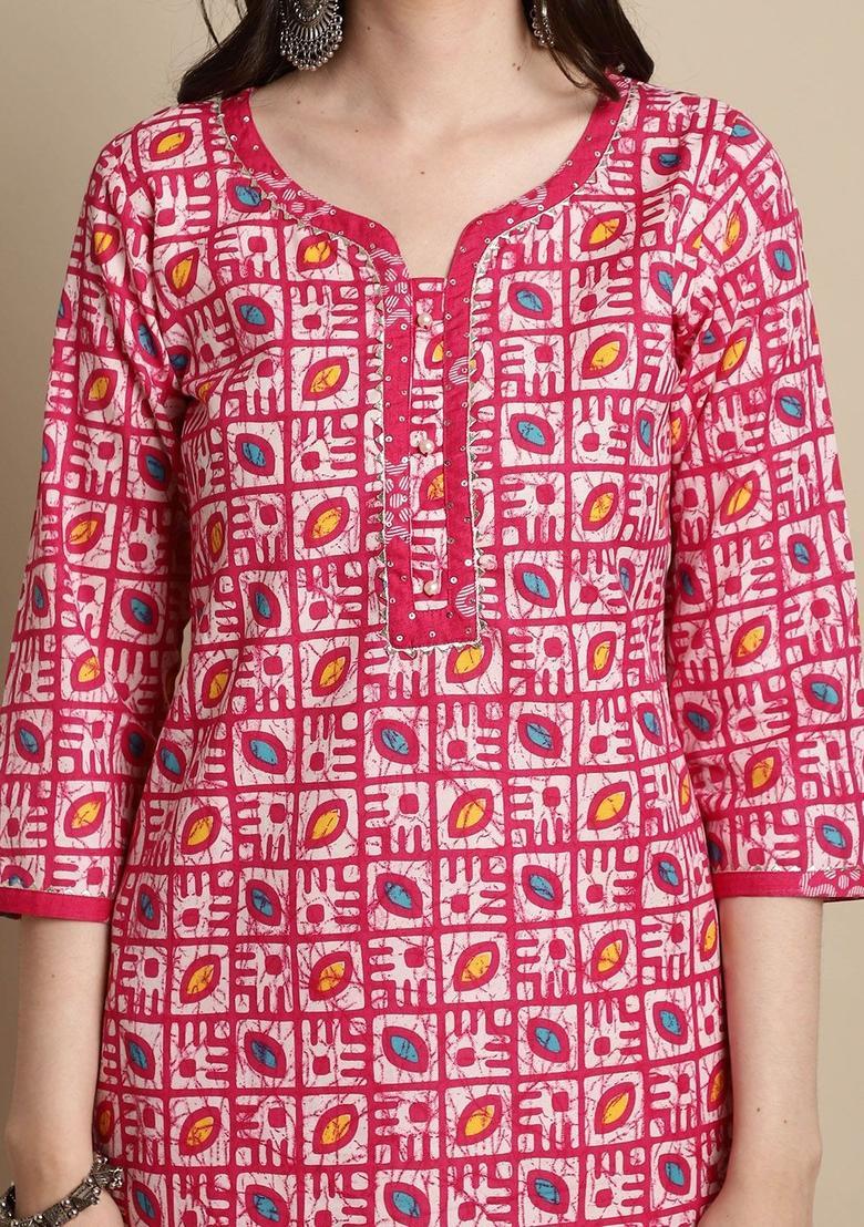 Pink Printed Cotton Kurta Set - Indya