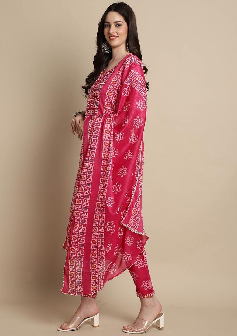 Pink Printed Cotton Kurta Set - Indya