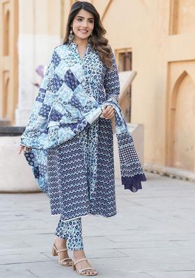 Blue Printed Cotton Anarkali Set